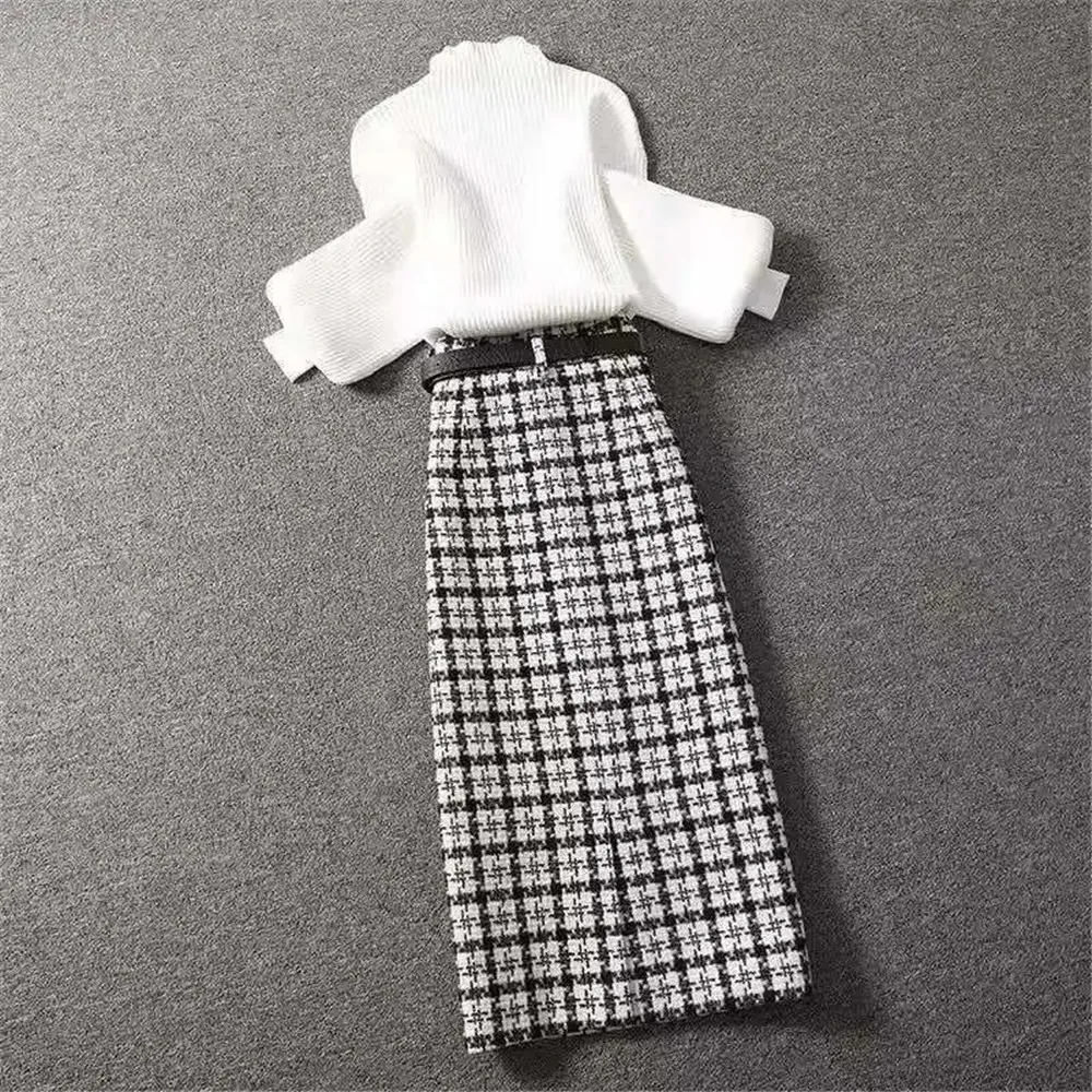 Lantern Sleeve Half High Collar Soft Knitted Sweater +Vintage Plaid High Waist Belt Skirts 2pcs Set Womens Office Ladies Suit
Lantern Sleeve Half High Collar Soft Knitted Sweater +Vintage Plaid High Waist Belt Skirts 2pcs Set Womens Office Ladies Suit