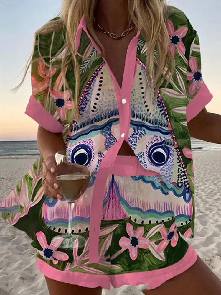 Women Summer Fashion Shorts Sets Retro Print Sleeve Shirt Shorts Suit New Casual Loose Female Beach Vacation Shorts 2 Piece Set
Women Summer Fashion Shorts Sets Retro Print Sleeve Shirt Shorts Suit New Casual Loose Female Beach Vacation Shorts 2 Piece Set