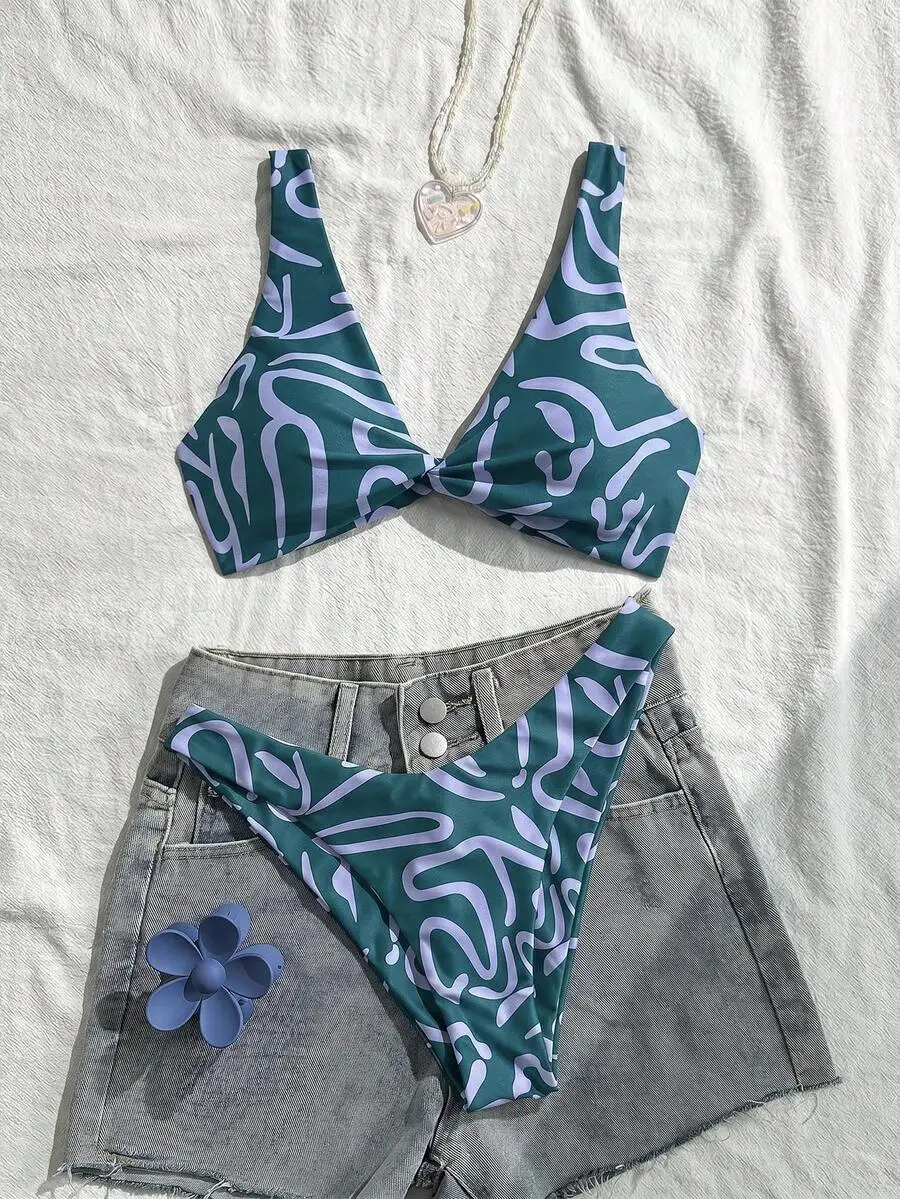 Womens Green And White Abstract Print Bikini Set For Summer Vacation Pool Party
Womens Green And White Abstract Print Bikini Set For Summer Vacation Pool Party