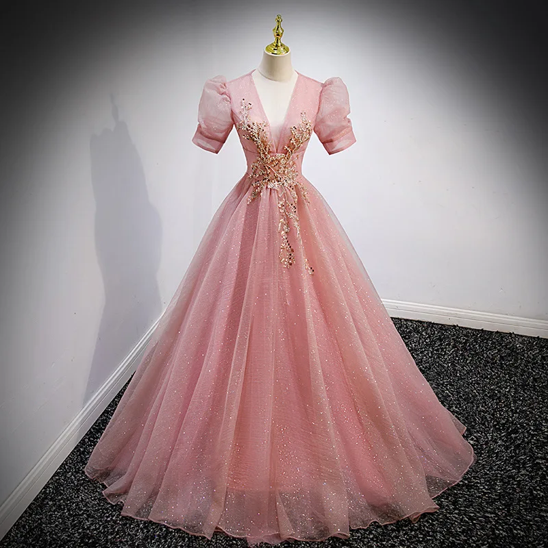 Fashion Deep V-neck Evening Dress Pink Applique Puff Sleeve Formal Party Gown Elegant Lace Up Backless A-Line Gradation Vestidos
Fashion Deep V-neck Evening Dress Pink Applique Puff Sleeve Formal Party Gown Elegant Lace Up Backless A-Line Gradation Vestidos
