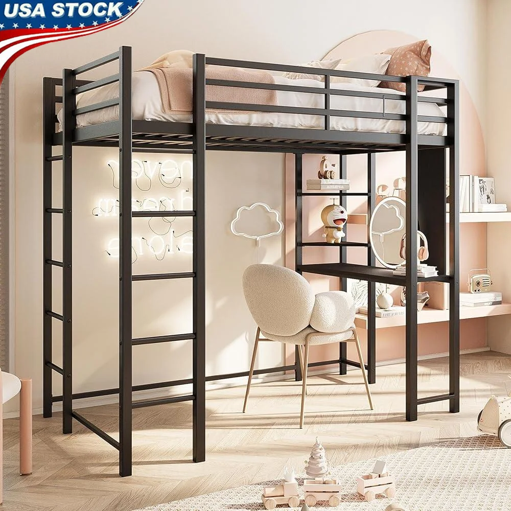 Metal Loft Bed with Desk Full Size Built-in Ladders Safety Guard Noise Free Space Saving Furniture Kids Teens Adults
Metal Loft Bed with Desk Full Size Built-in Ladders Safety Guard Noise Free Space Saving Furniture Kids Teens Adults