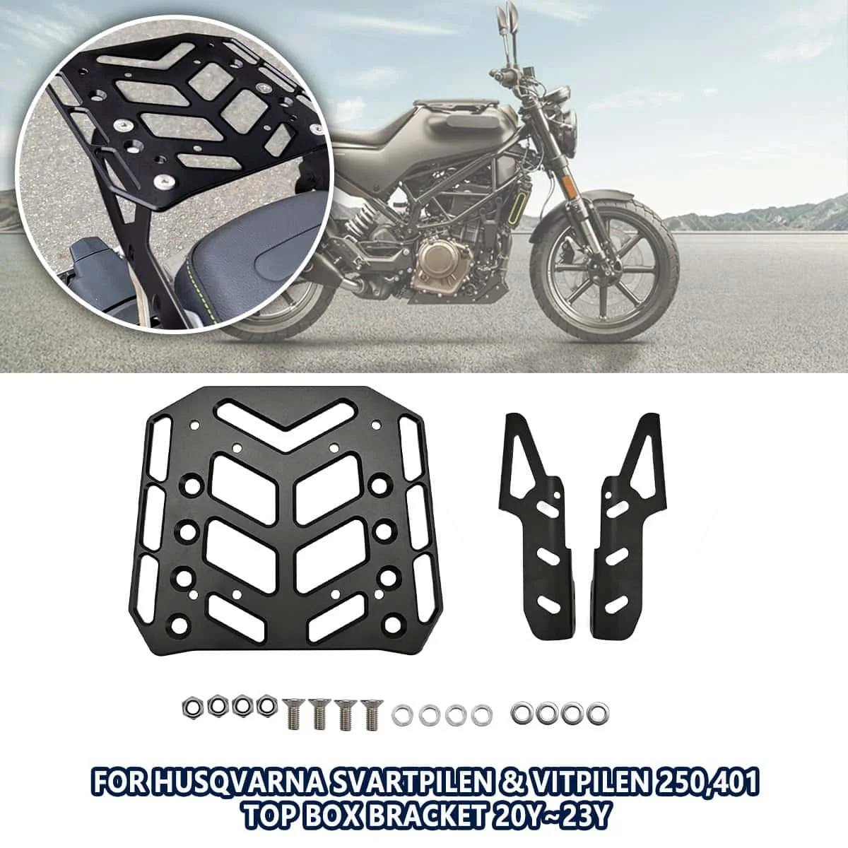 Rear Luggage Bracket Top Box Bracket Aluminum Black For Husqvarna SVARTPILEN & VITPILEN 250, 401 2020-2023
Rear Luggage Bracket Top Box Bracket Aluminum Black For Husqvarna SVARTPILEN & VITPILEN 250, 401 2020-2023
