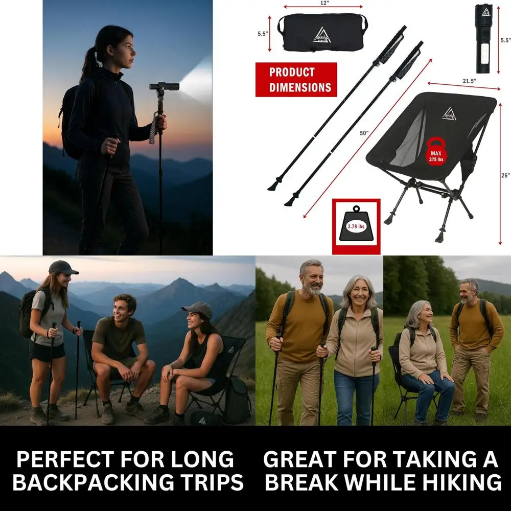 Кемпинговое кресло 3-в-1, треккинговые палки и встроенный фонарик – универсальный набор для походов, компактный и весит всего 3 фунта – легкий, класс А.
Кемпинговое кресло 3-в-1, треккинговые палки и встроенный фонарик – универсальный набор для походов, компактный и весит всего 3 фунта – легкий, класс А.