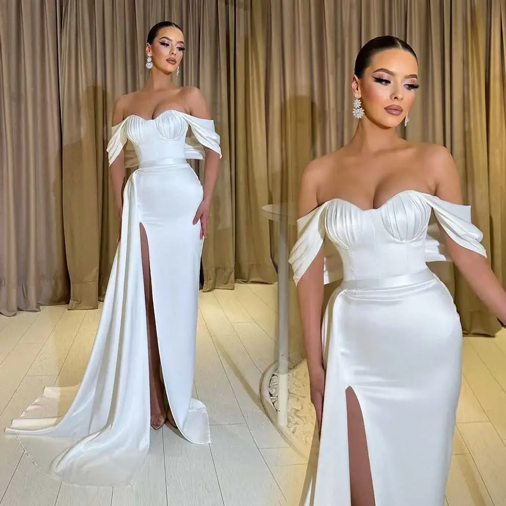 Customized Simple Evening Dress Off Shoulder Sweetheart High Split Satin Backless Prom Gown Draped Sweep Train Party Dresses
Customized Simple Evening Dress Off Shoulder Sweetheart High Split Satin Backless Prom Gown Draped Sweep Train Party Dresses