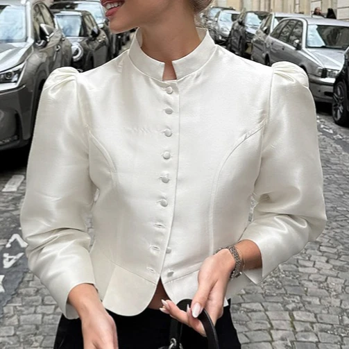 Satin Stand Collar Blouse Slim Fit Puff Long Sleeve Single Row Buttons Ruffle Hem Cropped Elegant Women Formal Shirt Top 260602
Satin Stand Collar Blouse Slim Fit Puff Long Sleeve Single Row Buttons Ruffle Hem Cropped Elegant Women Formal Shirt Top 260602