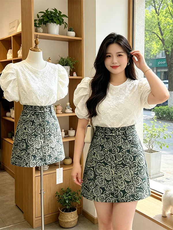 plus Size Women's Summer Rose Print A-Line Skirt And Top Set Korean Style High Waist Short Sleeve Fashion Ensemble
plus Size Women's Summer Rose Print A-Line Skirt And Top Set Korean Style High Waist Short Sleeve Fashion Ensemble
