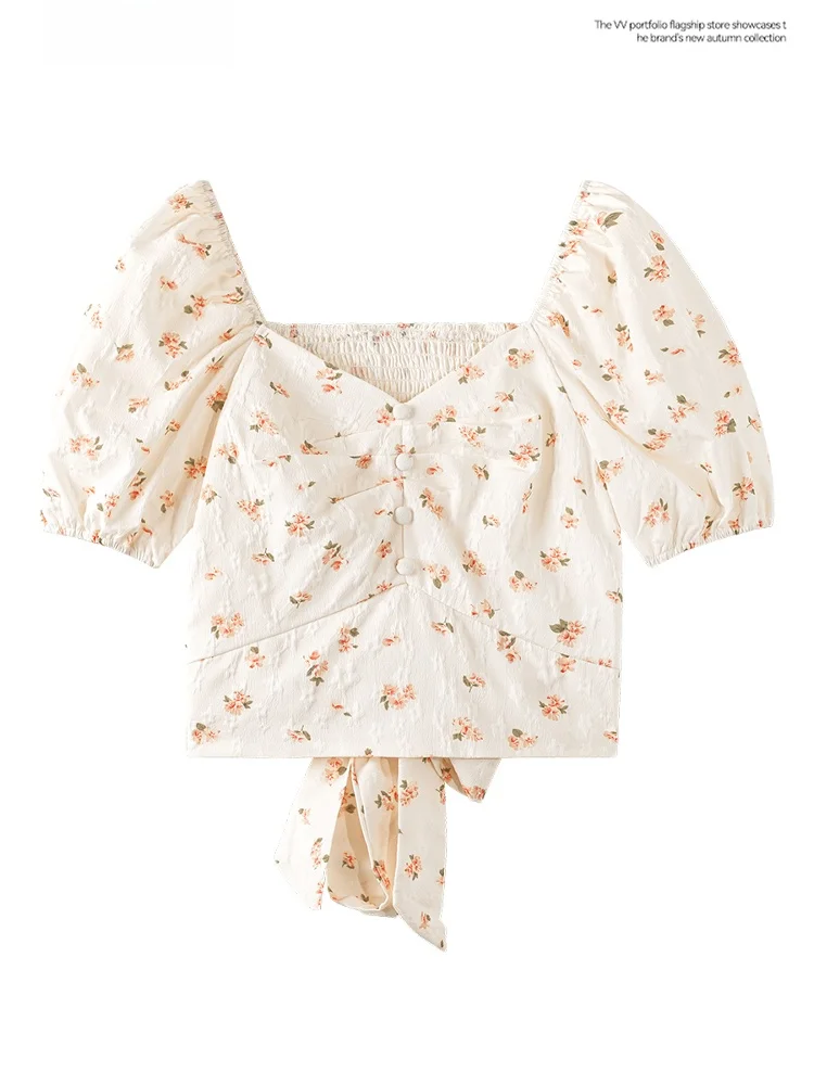 Sweet Cherry Blossom Print V-Neck Short Sleeve Shirt Women's Summer Hollow out Bubble Sleeve Top Knot Tie Back Design
Sweet Cherry Blossom Print V-Neck Short Sleeve Shirt Women's Summer Hollow out Bubble Sleeve Top Knot Tie Back Design
