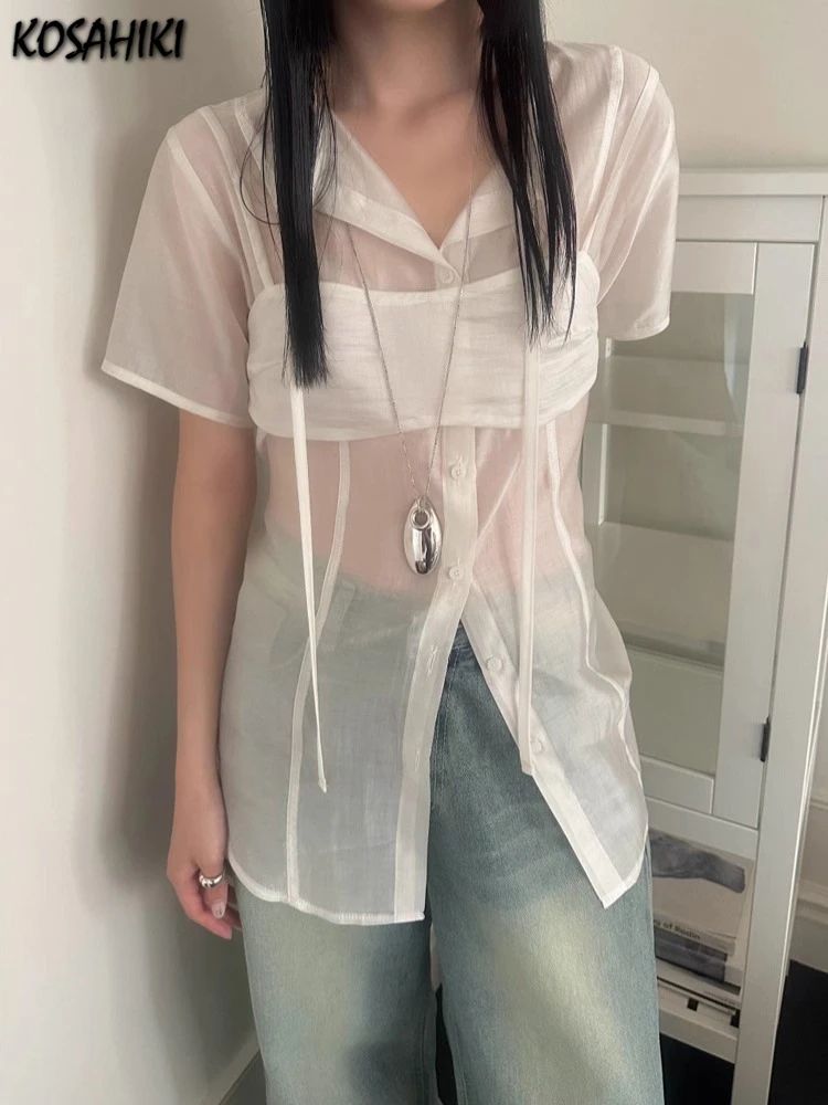 Sun Protection 2 Piece Sets Women See Through Harajuku Single Breasted Shirt + Streetwear Crop Vest Y2k Aesthetic Outfits Suit
Sun Protection 2 Piece Sets Women See Through Harajuku Single Breasted Shirt + Streetwear Crop Vest Y2k Aesthetic Outfits Suit