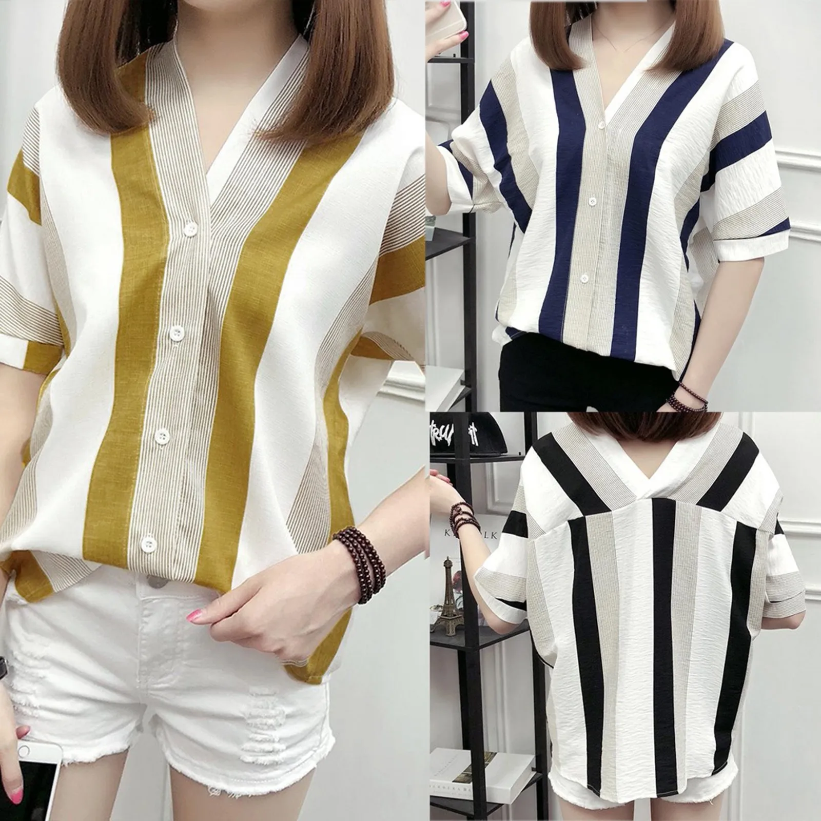 Women's Button Shirts Fashion Casual Stripe Shirt Short Sleeve V-Neck Leisure Loose Blouse
Women's Button Shirts Fashion Casual Stripe Shirt Short Sleeve V-Neck Leisure Loose Blouse