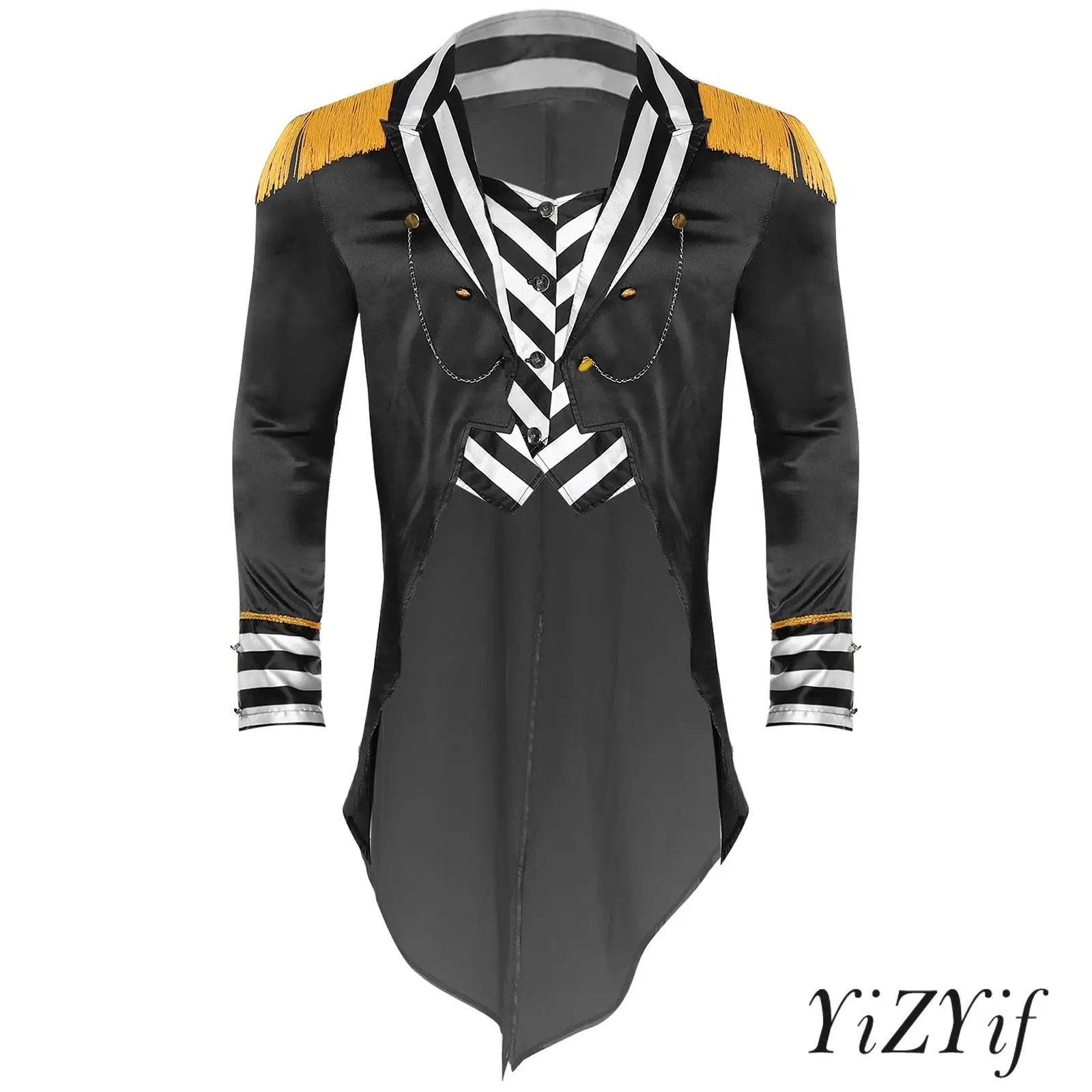 Mens Circus Attire Embroidered Striped Collar Long Sleeve Tailcoat Tassel Shoulder Pads Halloween Roleplay Theme Party Essential
Mens Circus Attire Embroidered Striped Collar Long Sleeve Tailcoat Tassel Shoulder Pads Halloween Roleplay Theme Party Essential