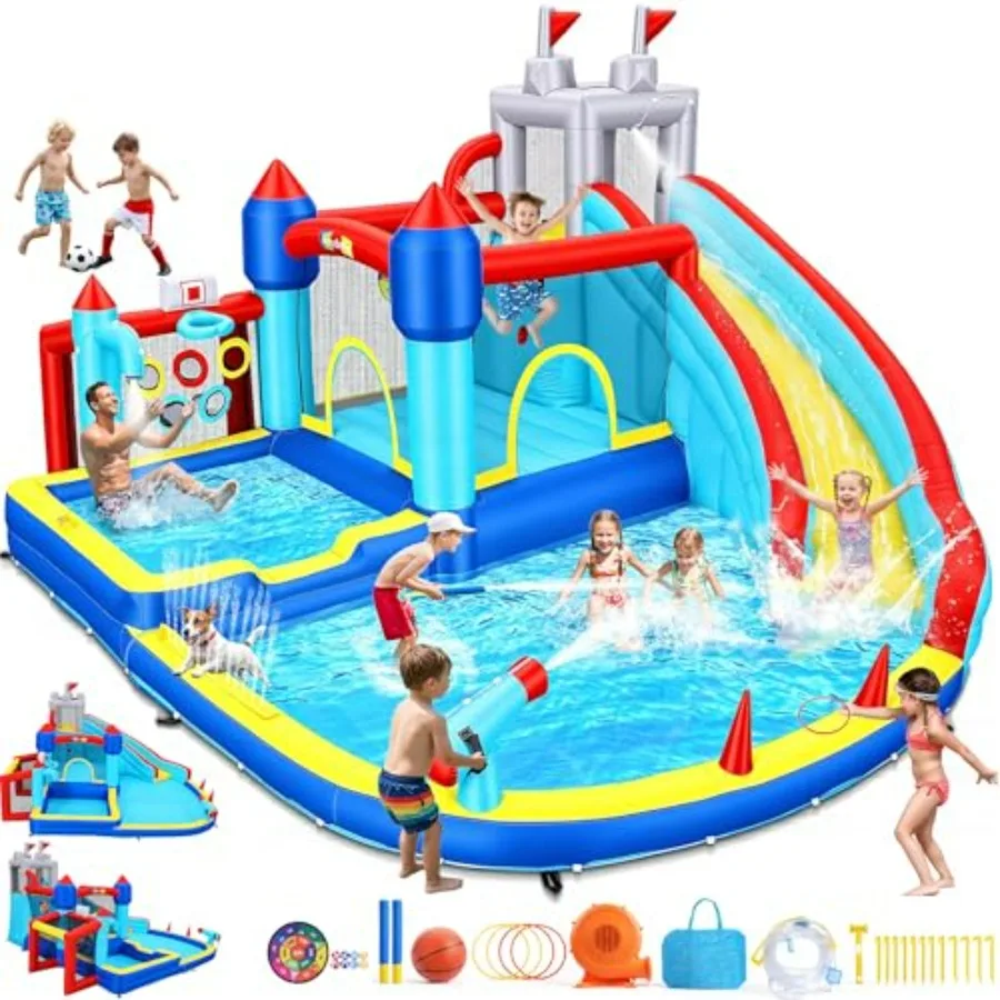Backyard water slide bounce house for kids, PVC vinyl, blue and red, 13-in-1 sport waterpark with deep pool, shower head, ball
Backyard water slide bounce house for kids, PVC vinyl, blue and red, 13-in-1 sport waterpark with deep pool, shower head, ball