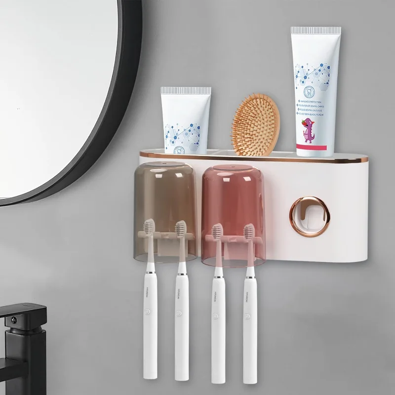 Toothbrush Holder Wall Mounted, 2 Cups Toothbrush Holder Wall Mounted with Toothpaste Dispenser, Toothbrush Holders for Bathroom
Toothbrush Holder Wall Mounted, 2 Cups Toothbrush Holder Wall Mounted with Toothpaste Dispenser, Toothbrush Holders for Bathroom