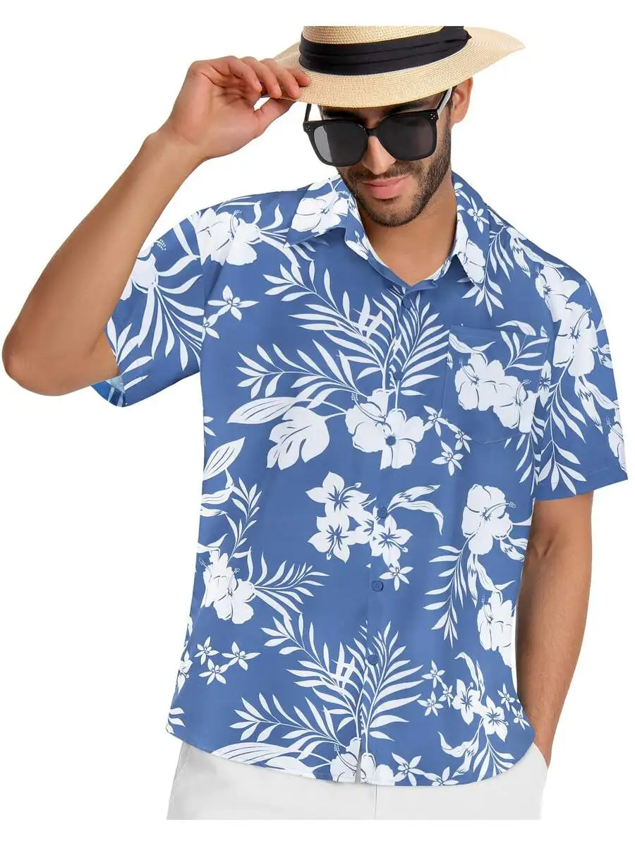 Mens Blue Hawaiian Shirt With White Floral Print Casual Short Sleeve Turn-Down Collar
Mens Blue Hawaiian Shirt With White Floral Print Casual Short Sleeve Turn-Down Collar