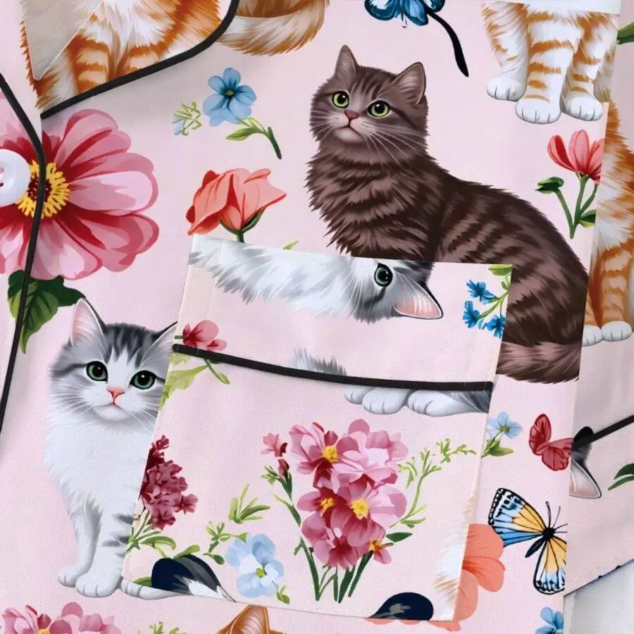 Womens Satin Pajama Set With Cat And Floral Print Short Sleeve Loungewear Two Piece Loose Shorts
Womens Satin Pajama Set With Cat And Floral Print Short Sleeve Loungewear Two Piece Loose Shorts