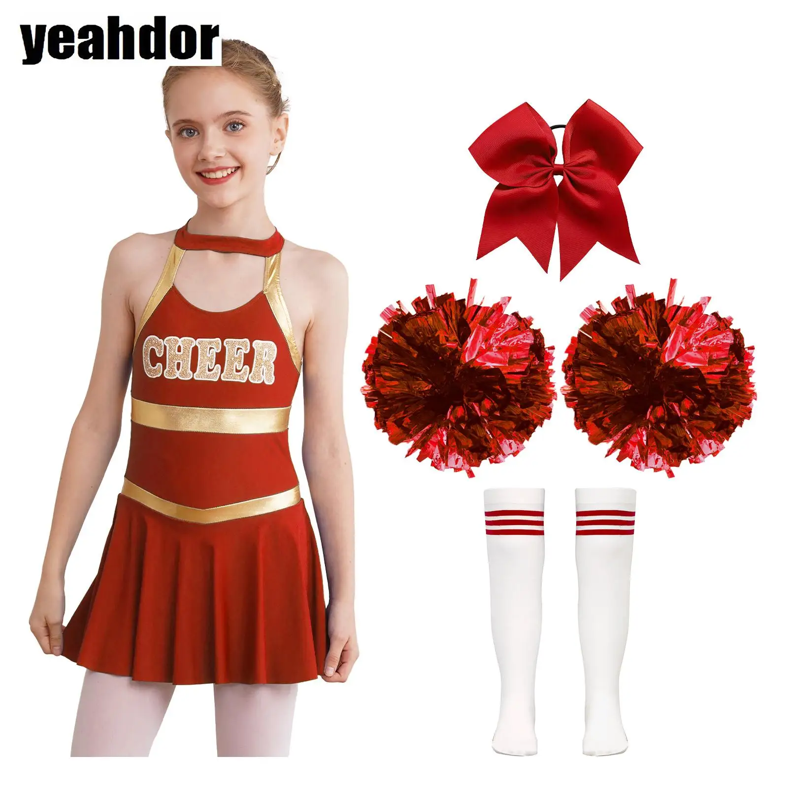 Girls Cheerleader Costume Cheerleading Dress with Pom Poms Bow Hair Clip Socks Halloween Performance Basketball Baby Dancewear 
Girls Cheerleader Costume Cheerleading Dress with Pom Poms Bow Hair Clip Socks Halloween Performance Basketball Baby Dancewear