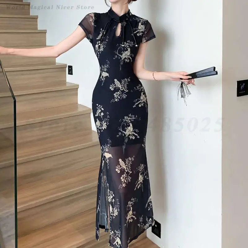 Black Improved Chinese Dress Women Satin Qipao Sexy Elegant Long Mesh Dresses Casual Banquet Gown Vintage Print Slim Chesongam
Black Improved Chinese Dress Women Satin Qipao Sexy Elegant Long Mesh Dresses Casual Banquet Gown Vintage Print Slim Chesongam
