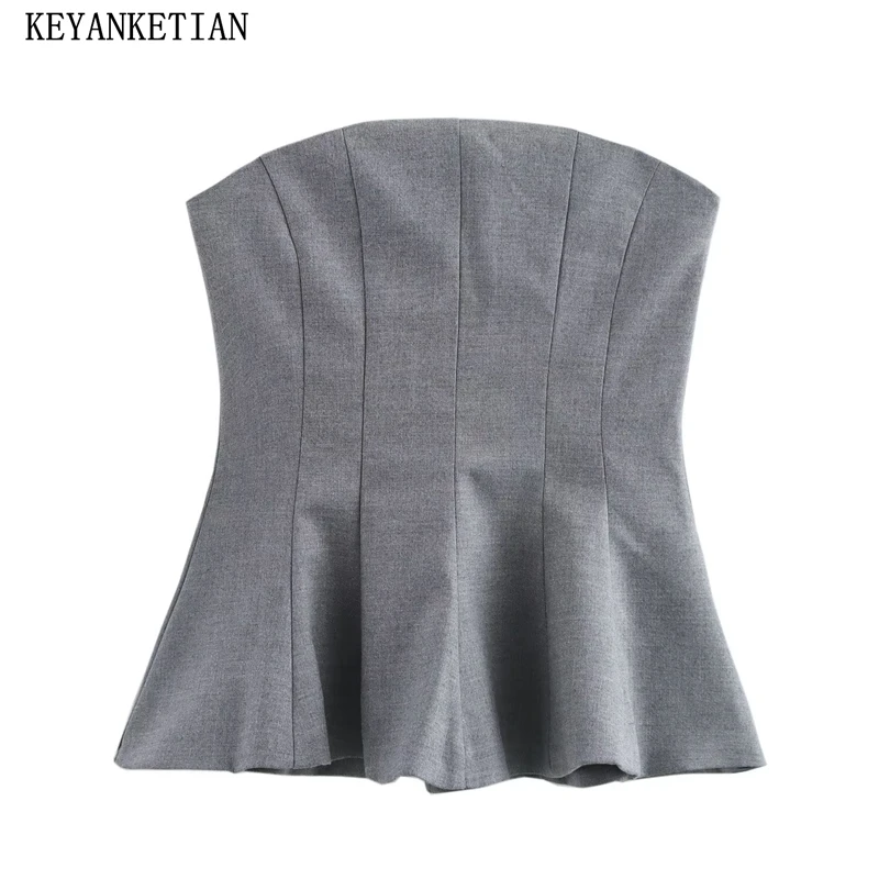 KEYANKETIAN 2025 Spring New Women's Gray Skirt style Strapless Top Fashion Sexy Backless Slash neck Side Zipper Slim Corset Vest
KEYANKETIAN 2025 Spring New Women's Gray Skirt style Strapless Top Fashion Sexy Backless Slash neck Side Zipper Slim Corset Vest