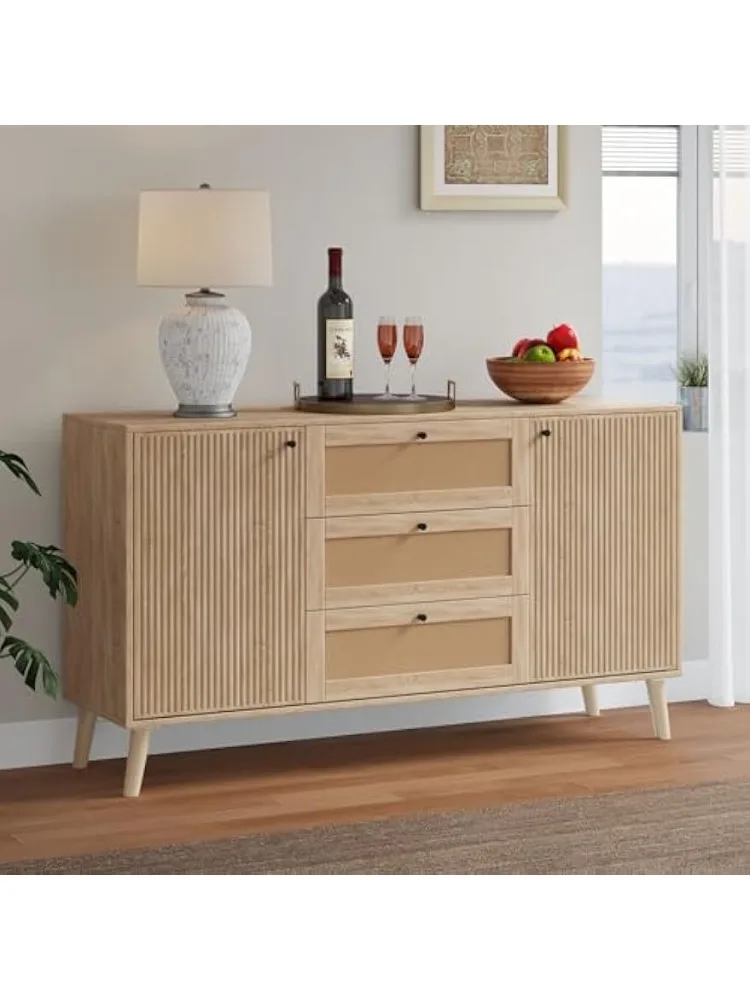 55" Rattan Sideboard Buffet Cabinet, Accent Storage Cabinet with 3 Rattan Drawers & 2 Fluted Doors, Mid Century TV Consol
55" Rattan Sideboard Buffet Cabinet, Accent Storage Cabinet with 3 Rattan Drawers & 2 Fluted Doors, Mid Century TV Consol