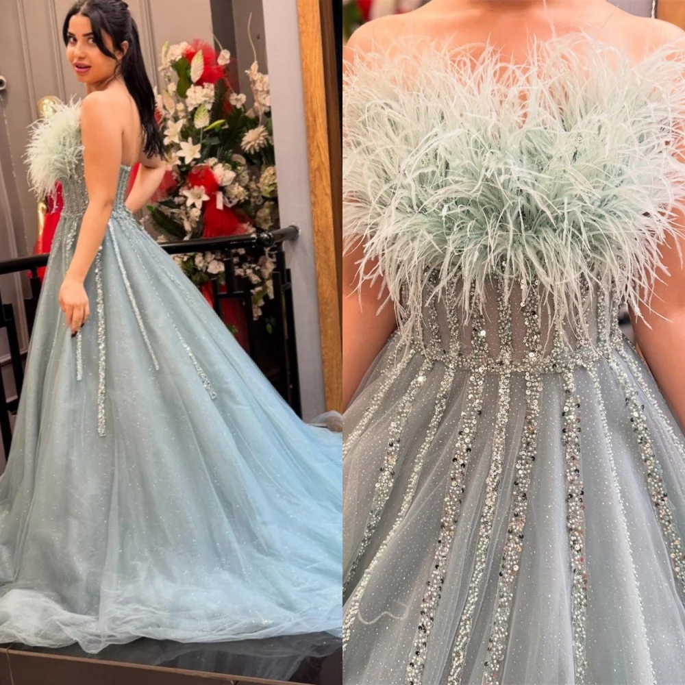 Customized Fashion Blue Tulle Evening Dress Temperament Strapless Sleeveless Celebrity Gowns Luxury Feathers Party Dress
Customized Fashion Blue Tulle Evening Dress Temperament Strapless Sleeveless Celebrity Gowns Luxury Feathers Party Dress