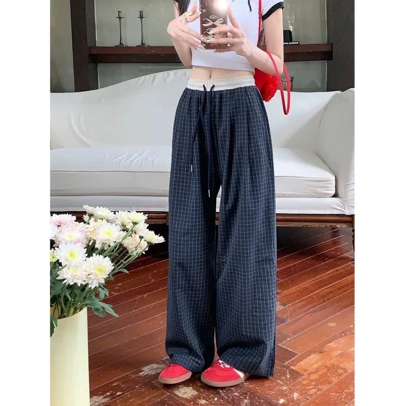 Pop Summer Thin French Retro Plaid Pants Women High Waist Straight Loose Slim Wide Leg Casual Trousers Comfortable Fit Long Pant 
Pop Summer Thin French Retro Plaid Pants Women High Waist Straight Loose Slim Wide Leg Casual Trousers Comfortable Fit Long Pant