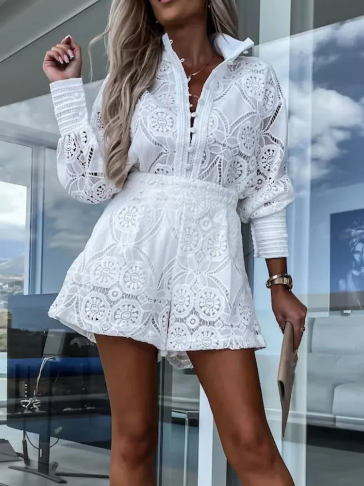 Women's Elegant Lace Set Fashion Solid Long Sleeve Button Tops 2 Piece Sets Lady Casual Office Shorts Two Piece Sets Summer New
Women's Elegant Lace Set Fashion Solid Long Sleeve Button Tops 2 Piece Sets Lady Casual Office Shorts Two Piece Sets Summer New