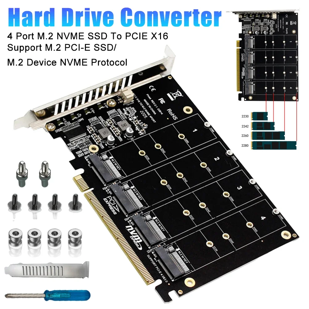 PCIe 4.0 X16 Switch To 4 Ports M.2 Adapter Card with Heat Sink PCIEX16 NVME M.2 MKEY SSD RAID Expansion Adapter 4 X 32Gbps
PCIe 4.0 X16 Switch To 4 Ports M.2 Adapter Card with Heat Sink PCIEX16 NVME M.2 MKEY SSD RAID Expansion Adapter 4 X 32Gbps