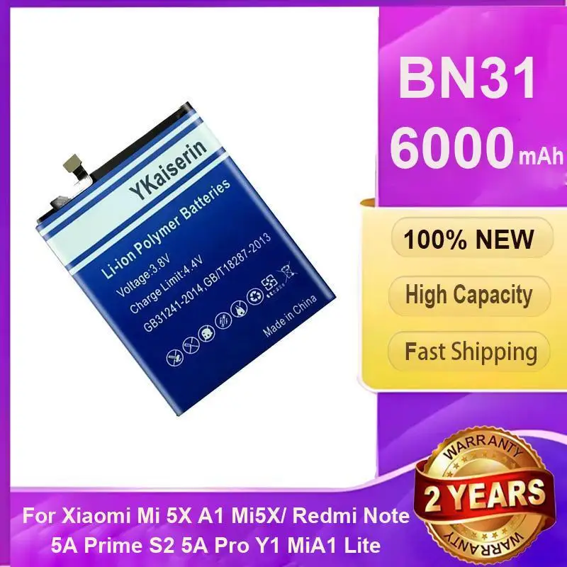 Аккумулятор мобильного телефона BN31 6000 мАч для Xiaomi MI 5X A1 Mi5x Redmi Note 5A Prime S2 Pro Y1 Mia1 Lite 
Аккумулятор мобильного телефона BN31 6000 мАч для Xiaomi MI 5X A1 Mi5x Redmi Note 5A Prime S2 Pro Y1 Mia1 Lite