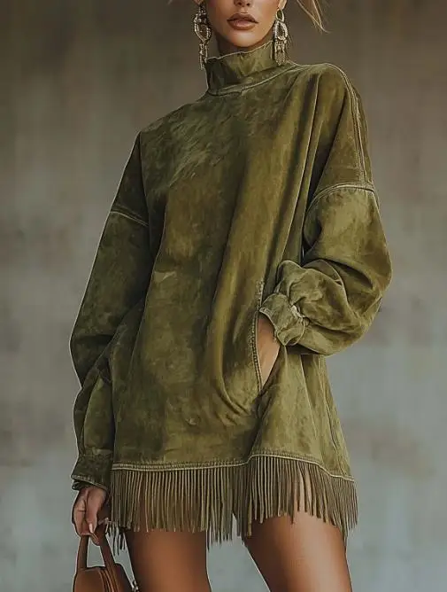 Womens Dresses 2025 Spring Autumn New Solid Color High Neck Loose Pocket Design Tassel Hem Long Sleeved Casual Suede Mini Dress
Womens Dresses 2025 Spring Autumn New Solid Color High Neck Loose Pocket Design Tassel Hem Long Sleeved Casual Suede Mini Dress