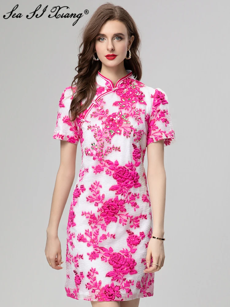 Seasixiang Fashion Designer Summer Jacquard Mini Dress Women's Stand Collar Short Sleeve Crystal Diamonds Chinese Style Dresses
Seasixiang Fashion Designer Summer Jacquard Mini Dress Women's Stand Collar Short Sleeve Crystal Diamonds Chinese Style Dresses
