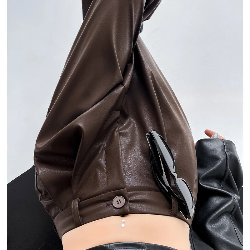 Костюм, широкие кожаные брюки для женщин, элегантные женские офисные брюки с высокой талией, осенне-зимние брюки, минималистичные прямые брюки
Костюм, широкие кожаные брюки для женщин, элегантные женские офисные брюки с высокой талией, осенне-зимние брюки, минималистичные прямые брюки