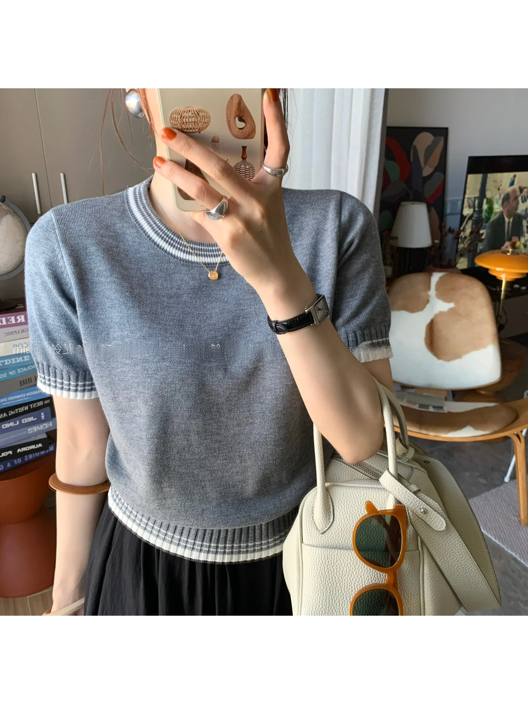 Miss White Belladonna Summer High-End Color Block Stripe Short Sleeve Knitted Shirt Women's Thin Shoulder Fit Slimming Top
Miss White Belladonna Summer High-End Color Block Stripe Short Sleeve Knitted Shirt Women's Thin Shoulder Fit Slimming Top