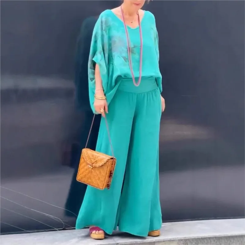 Summer Fashion Printed Two Piece Set Women Casual Loose Batwing Sleeve Top Wide Leg Pants Two Piece Women Cotton Linen Outfit
Summer Fashion Printed Two Piece Set Women Casual Loose Batwing Sleeve Top Wide Leg Pants Two Piece Women Cotton Linen Outfit