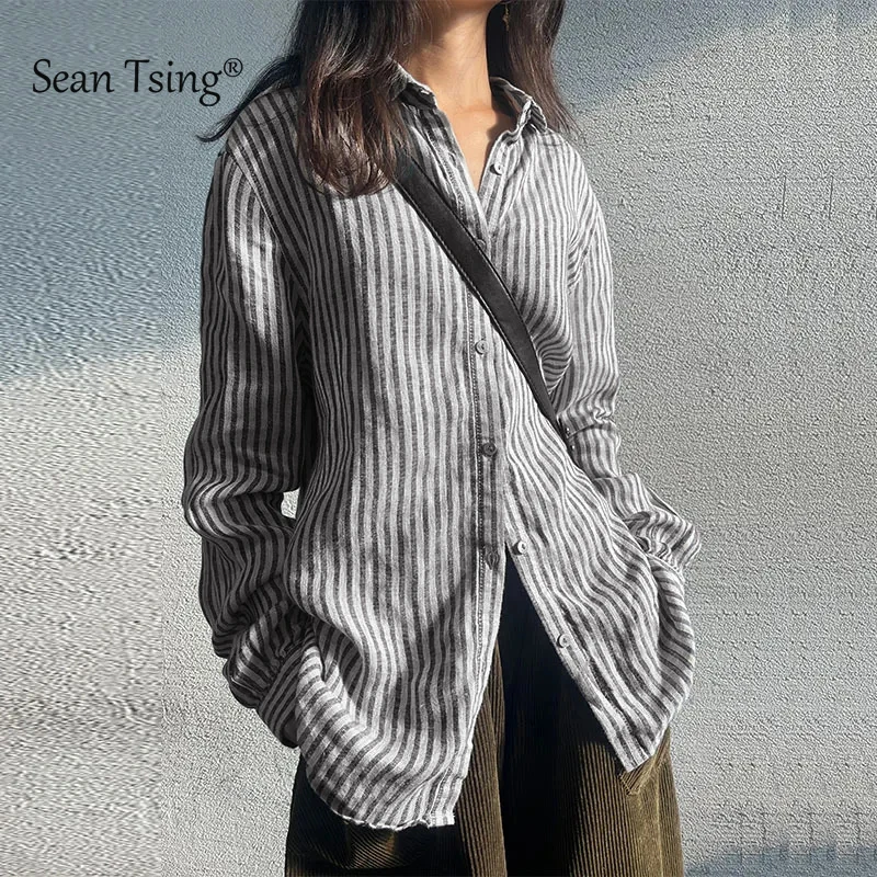 Women's 100% Linen Long Sleeve Striped Shirt Casual Basic Style New 2025 Comfortable Breathable Fashion Top for Ladies
Women's 100% Linen Long Sleeve Striped Shirt Casual Basic Style New 2025 Comfortable Breathable Fashion Top for Ladies