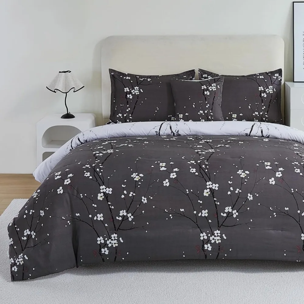 Queen Size Reversible Comforter Set, Botanical Floral Branch Printed Bedding Comforter Sets, Grey and White, 4 Pieces-1 Comforte
Queen Size Reversible Comforter Set, Botanical Floral Branch Printed Bedding Comforter Sets, Grey and White, 4 Pieces-1 Comforte