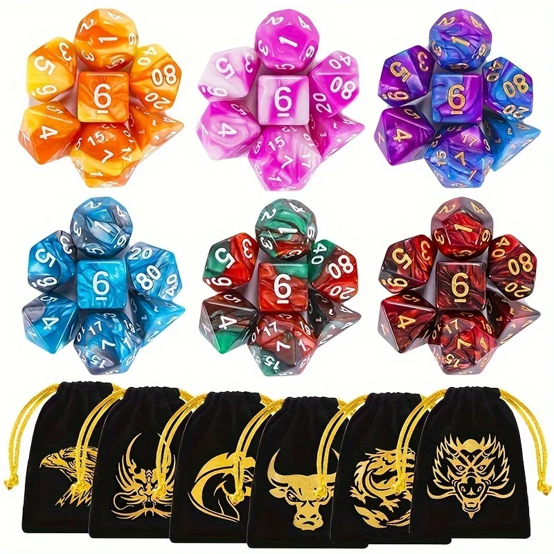 DND Dice Sets - 6 X 7 Double -Colors Polyhedral Dice (42pcs) with 6 Drawstring Bags for RPG, MTG, Role Playing Table Game.
DND Dice Sets - 6 X 7 Double -Colors Polyhedral Dice (42pcs) with 6 Drawstring Bags for RPG, MTG, Role Playing Table Game.