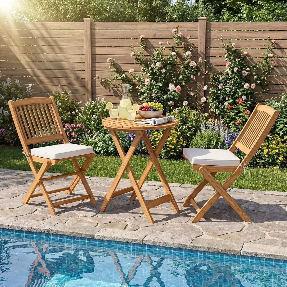 3Pcs Patio Bistro Set, Wood Folding Table Set, 2 Cushioned Chairs for Garden Yard, Outdoor Furniture Round Table Natural amp Be
3Pcs Patio Bistro Set, Wood Folding Table Set, 2 Cushioned Chairs for Garden Yard, Outdoor Furniture Round Table Natural amp Be