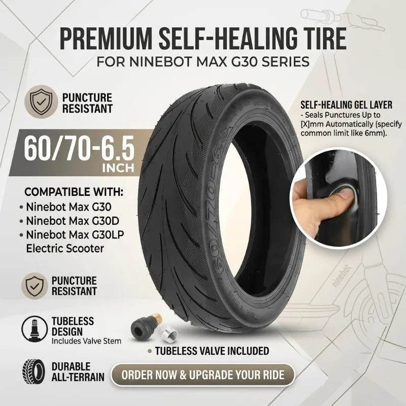 Self-Healing Tubeless 10 Inch 60/70-6.5 Tire Built-in Repair Glue Puncture-Proof for Ninebot Max G30 G30D G30LP Electric Scooter
Self-Healing Tubeless 10 Inch 60/70-6.5 Tire Built-in Repair Glue Puncture-Proof for Ninebot Max G30 G30D G30LP Electric Scooter