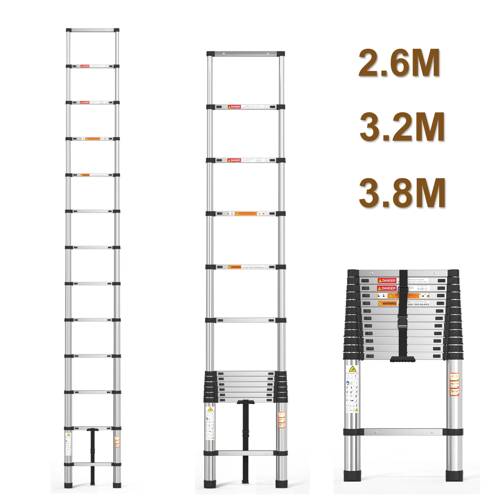 Telescopic Ladder 2.6M/3.2M/3.8M, Multi-Purpose Folding Ladder Extendable Loft Ladder, Stainless Steel & Non-slip &150kg & EN131
Telescopic Ladder 2.6M/3.2M/3.8M, Multi-Purpose Folding Ladder Extendable Loft Ladder, Stainless Steel & Non-slip &150kg & EN131