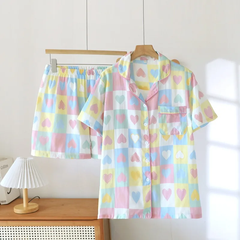 Women's Summer 100% Cotton Pastel Heart Plaid Print Short Sleeve Lapel Button-Front Top & Shorts Loungewear Pajama Set
Women's Summer 100% Cotton Pastel Heart Plaid Print Short Sleeve Lapel Button-Front Top & Shorts Loungewear Pajama Set