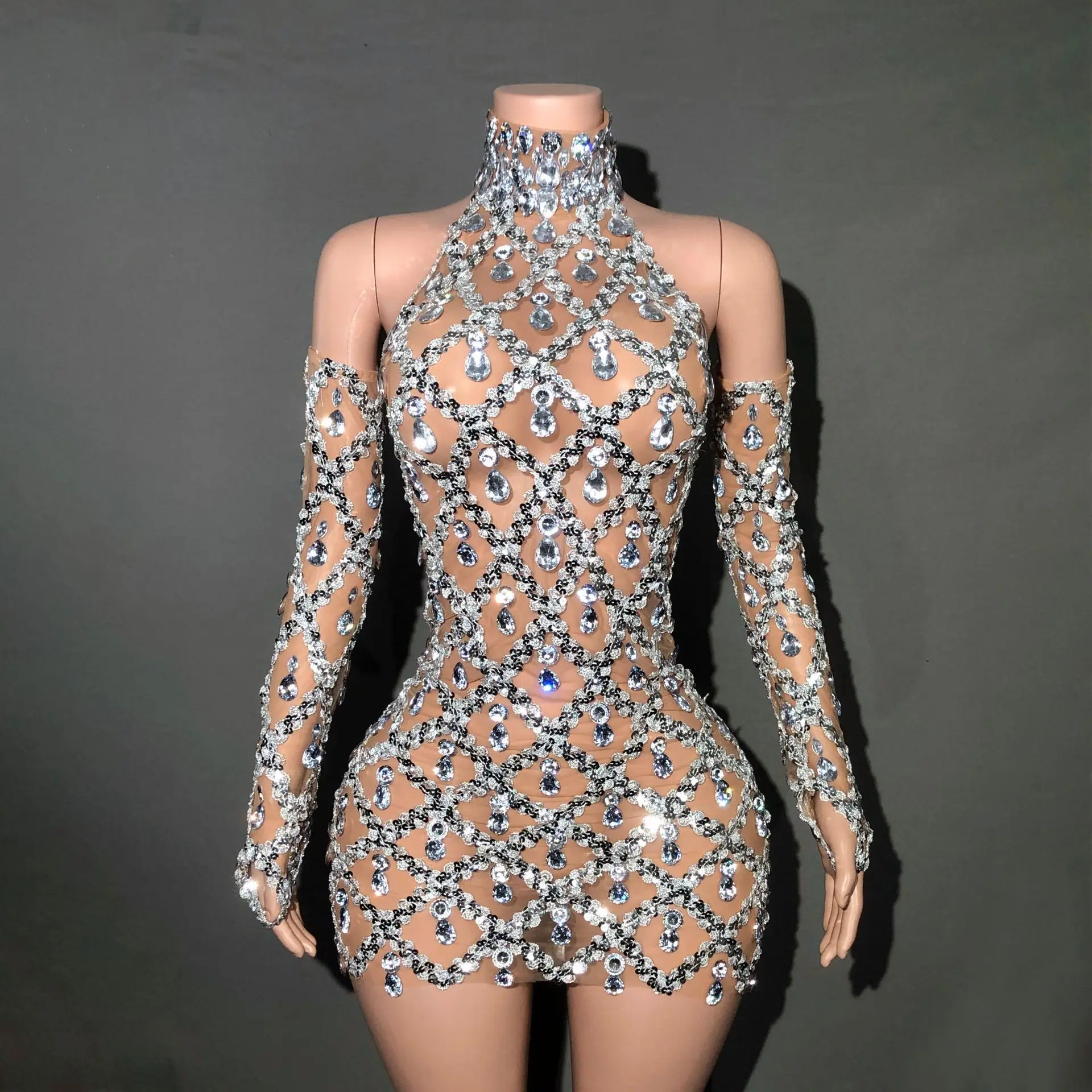 Shiny rhinestone turtleneck sleeveless sexy mesh perspective plaid evening reception dress skirt hollow
Shiny rhinestone turtleneck sleeveless sexy mesh perspective plaid evening reception dress skirt hollow