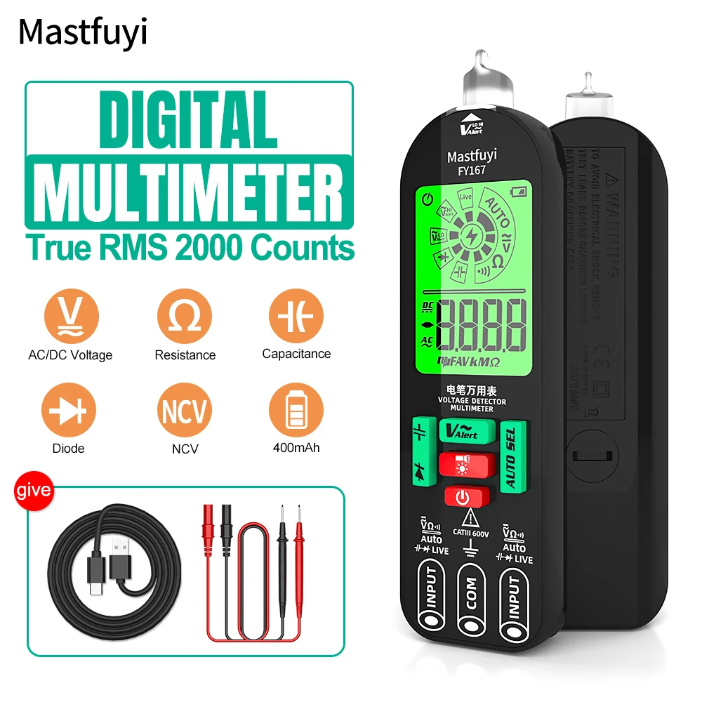 MASTFUYI Smart Digital Multimeter Rechargeable Electronic Tester AC DC Contactless NCV Automatic Diode Capacitor Breakpoint Test
MASTFUYI Smart Digital Multimeter Rechargeable Electronic Tester AC DC Contactless NCV Automatic Diode Capacitor Breakpoint Test