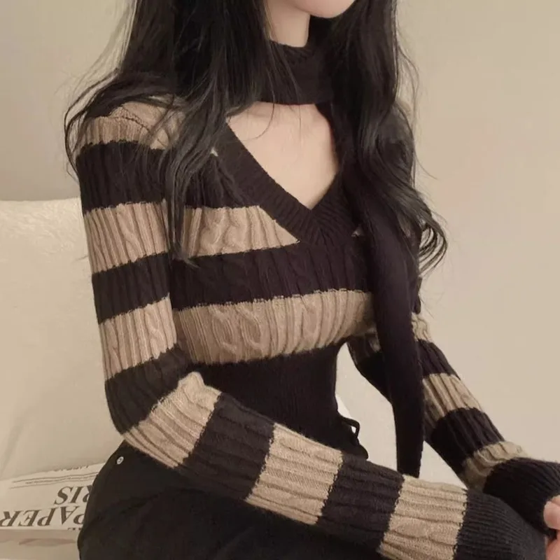Корейский винтажный полосатый вязаный пуловер с v-образным вырезом, осенние новые свитера Mujer, модные облегающие топы с длинными рукавами, джемпер Sueter Mujer
Корейский винтажный полосатый вязаный пуловер с v-образным вырезом, осенние новые свитера Mujer, модные облегающие топы с длинными рукавами, джемпер Sueter Mujer