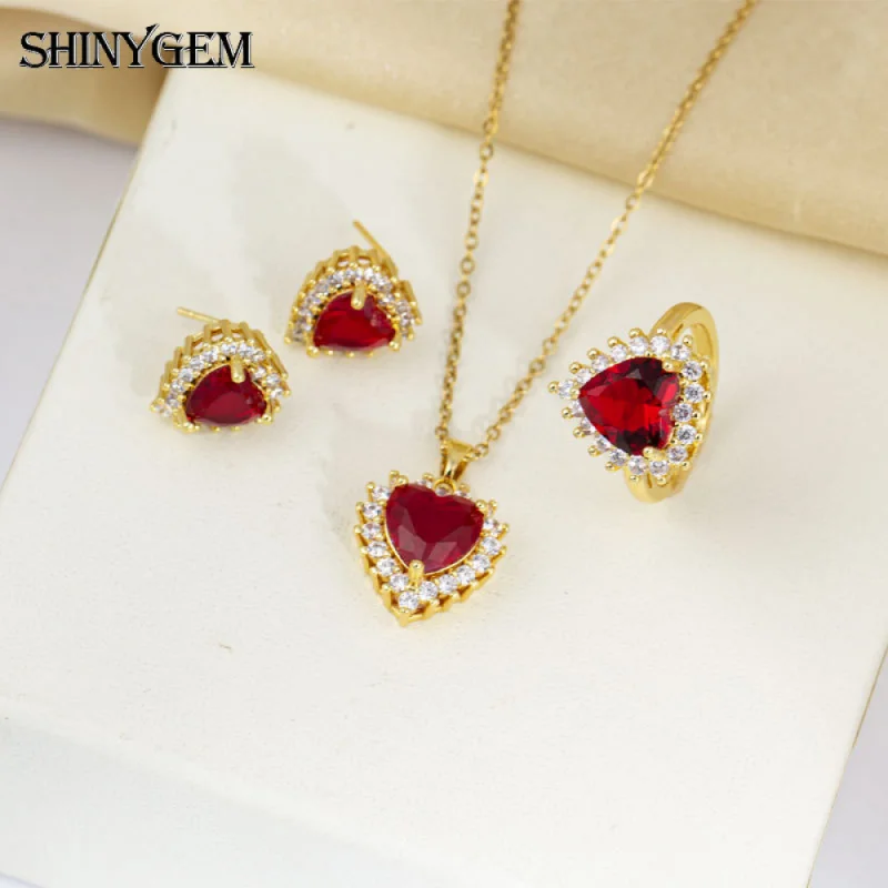 SHINYGEM Heart Jewelry Set Women Gold Plated Red Gem Cubic Zirconia Necklace Earrings Ring Set Party/Wedding/Anniversary Gift
SHINYGEM Heart Jewelry Set Women Gold Plated Red Gem Cubic Zirconia Necklace Earrings Ring Set Party/Wedding/Anniversary Gift