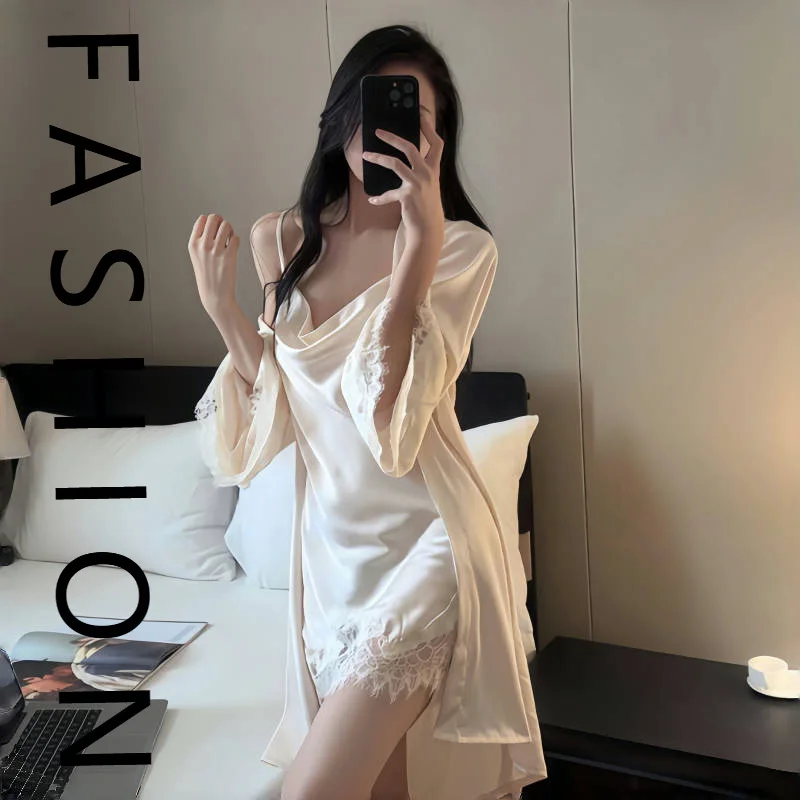 Swinging collar nightdress women's summer ice silk sexy suspender nightgown two-piece set spring and autumn beautiful back with
Swinging collar nightdress women's summer ice silk sexy suspender nightgown two-piece set spring and autumn beautiful back with