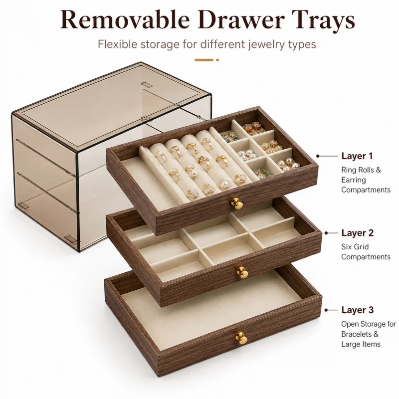 3 Layers Walnut Wood Jewelry Organizer Box Dustproof Drawer Storage for Women Bracelet Brooch Earring Display
3 Layers Walnut Wood Jewelry Organizer Box Dustproof Drawer Storage for Women Bracelet Brooch Earring Display