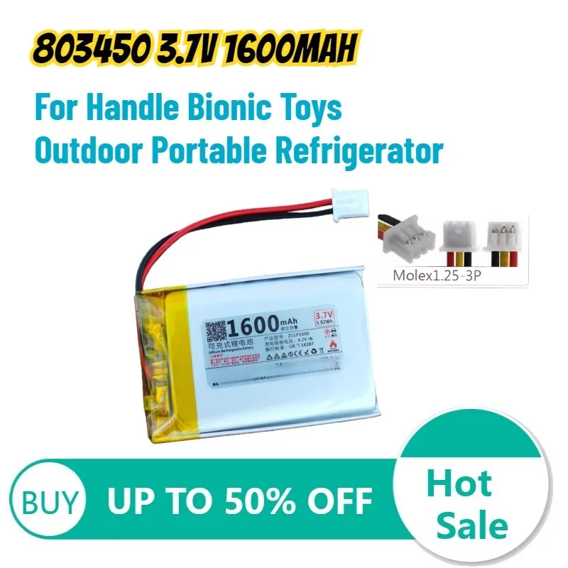 803450 3.7V 1600mAh Li-Polymer LiPo Battery for Handle Bionic Toys Outdoor Portable Refrigerator with PH 1.25mm 3pin Connector
803450 3.7V 1600mAh Li-Polymer LiPo Battery for Handle Bionic Toys Outdoor Portable Refrigerator with PH 1.25mm 3pin Connector