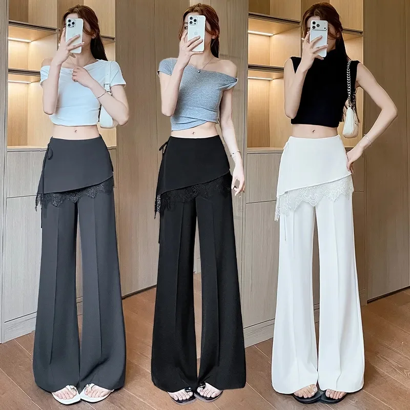 Korean Ladies Fashion High Waist False Two-piece Trousers Summer Women Lace Patchwork Pantalons Female High End Wide Leg Pants
Korean Ladies Fashion High Waist False Two-piece Trousers Summer Women Lace Patchwork Pantalons Female High End Wide Leg Pants
