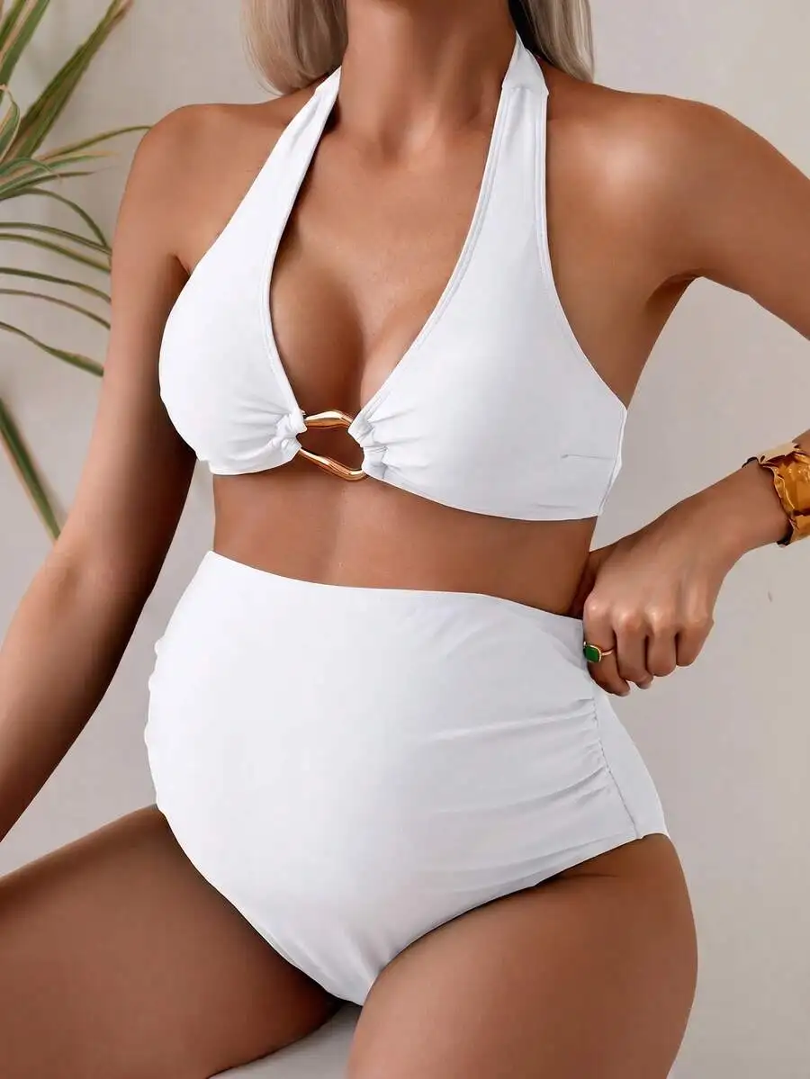 White Halter Two Piece Bikini Set Solid Color High Waisted Swimwear
White Halter Two Piece Bikini Set Solid Color High Waisted Swimwear