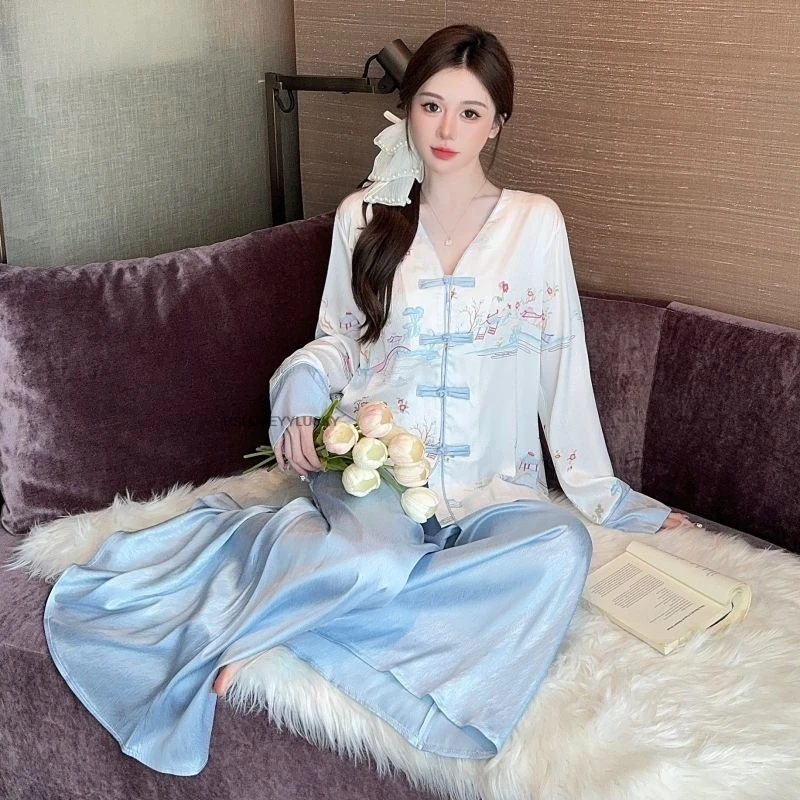 Chinese Style Ice Silk Pajamas Spring Autumn Women's National Style Hanfu Loungewear Long Sleeve Set Thin Summer Set Sleep Wear
Chinese Style Ice Silk Pajamas Spring Autumn Women's National Style Hanfu Loungewear Long Sleeve Set Thin Summer Set Sleep Wear