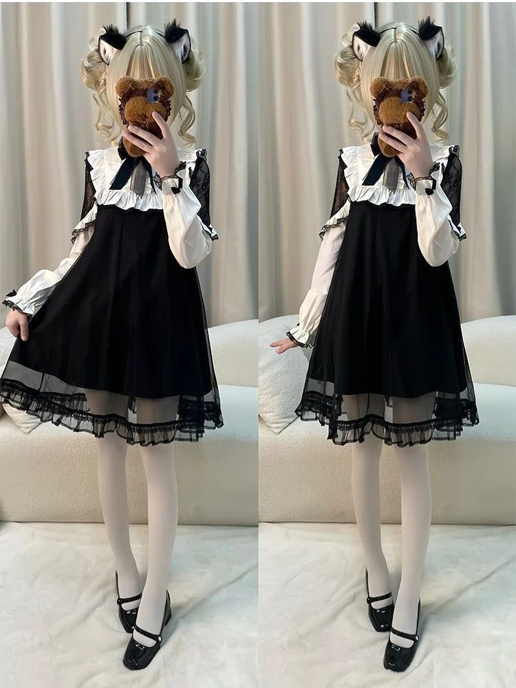 Японское платье в стиле Лолита, черно-белое, с кружевной отделкой, бантом, пышными рукавами, в готическом стиле Y2K, одежда в стиле субкультуры Харадзюку, милая женская одежда
Японское платье в стиле Лолита, черно-белое, с кружевной отделкой, бантом, пышными рукавами, в готическом стиле Y2K, одежда в стиле субкультуры Харадзюку, милая женская одежда